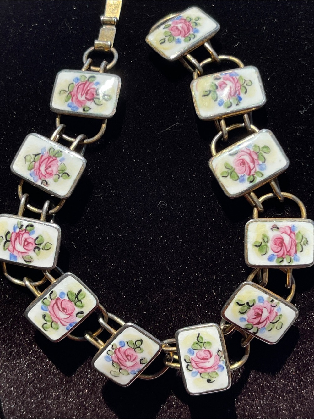 Vintage Hand-Painted Champleve Enamel Rose Panel 925 Vermeil Bracelet